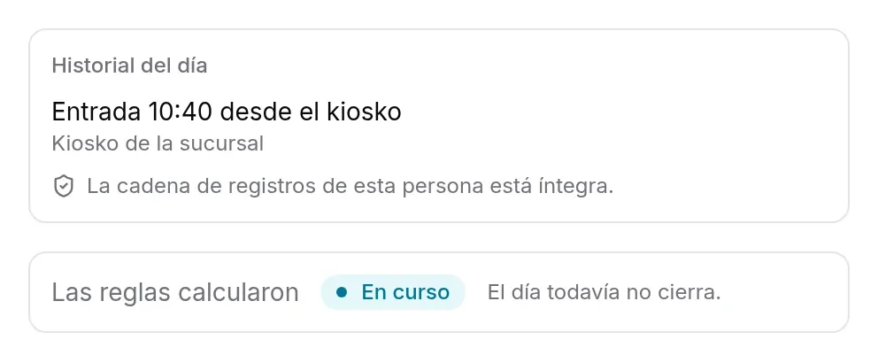 Historial de un día en Vidan: entrada a las 10:40 desde el kiosko de la sucursal, y el aviso de que la cadena de registros de la persona está íntegra.