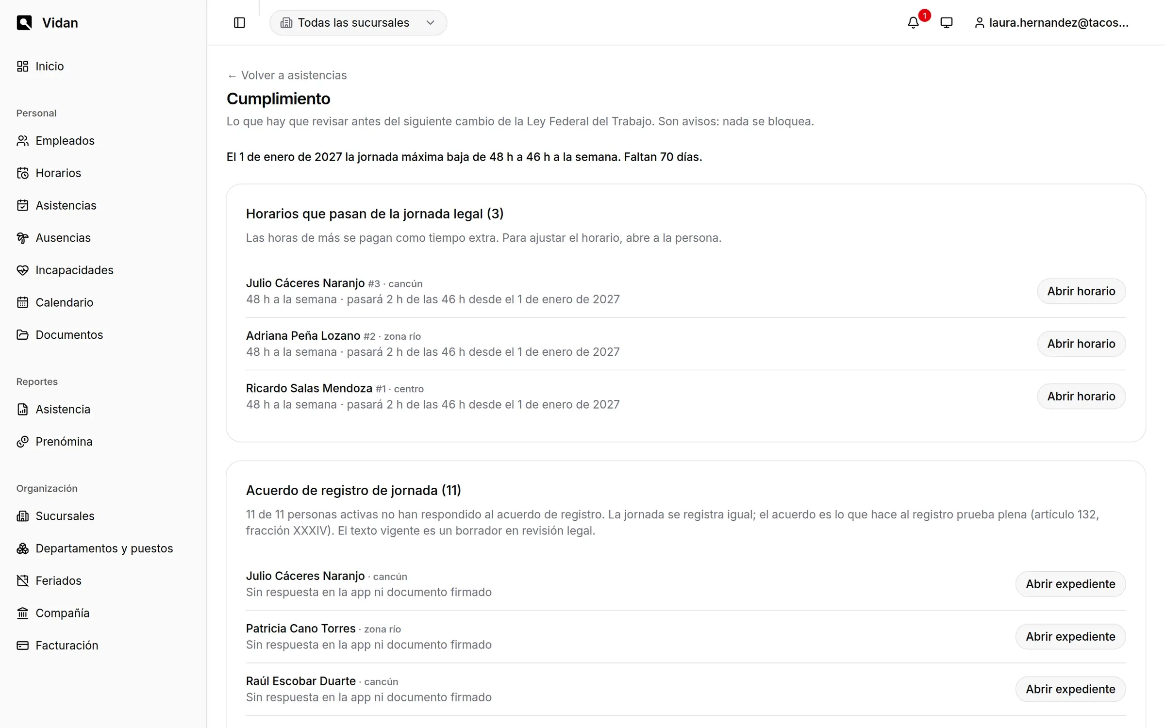 Página de Cumplimiento de Vidan: aviso de que el 1 de enero de 2027 la jornada máxima baja de 48 a 46 horas y la lista de horarios que pasarán del límite.