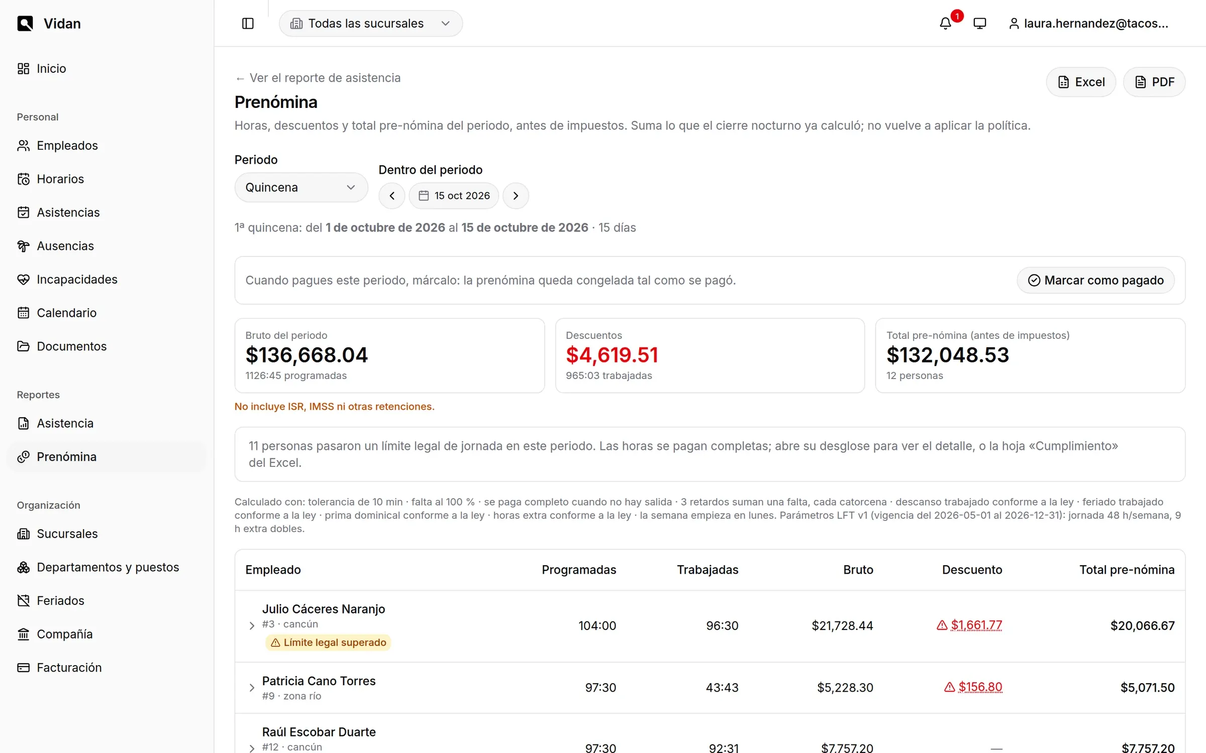 Pre-nómina de la primera quincena de octubre en Vidan: bruto, descuentos y total antes de impuestos, y una fila por persona con horas programadas, trabajadas y su total.
