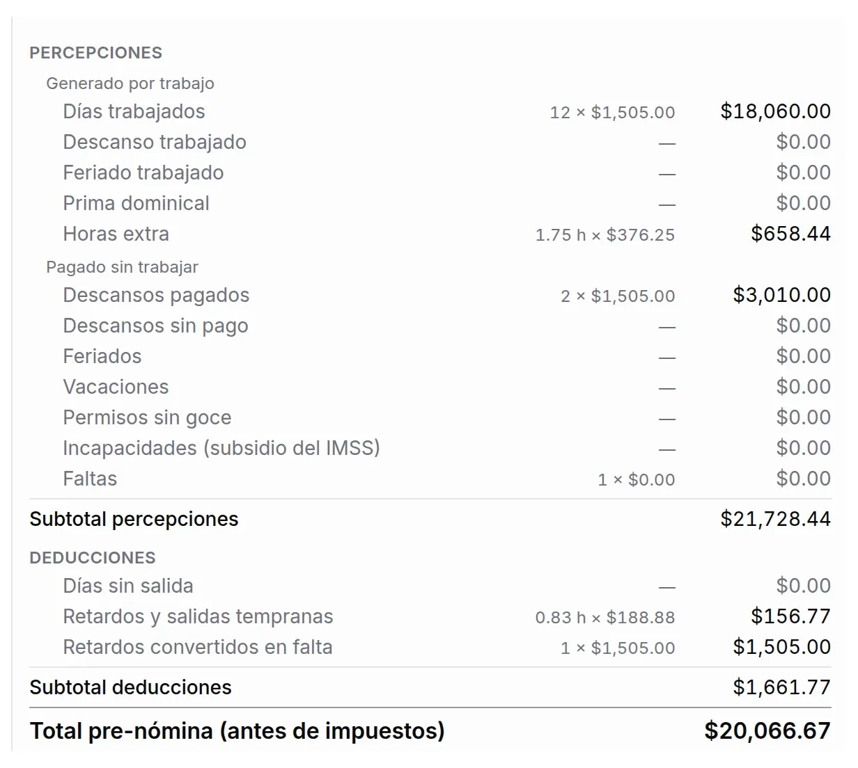 Desglose de pre-nómina de un empleado en Vidan: días trabajados, horas extra, descansos pagados, retardos y el total antes de impuestos.